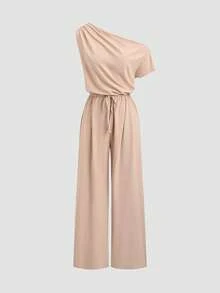Sweetra Bộ jumpsuit nữ màu kaki thanh lịch, kiểu dáng không tay, có dây rút, ống đứng, thích hợp cho công sở, mùa xuân/hè. - Màu Khaki - Xem 1
