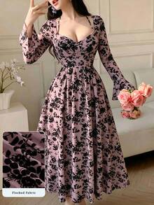 Modelyn Vestido de mujer con mangas acampanadas, cintura ceñida, estampado floral retro francés elegante de loto rosa en malla abotonada - Rosa vieja - Ver 9
