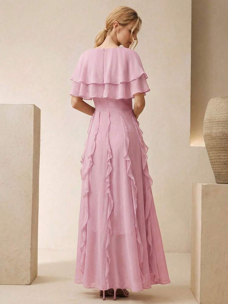 Women's New Elegant Pink Multi-Layer Wrap Dress, Fitted Waist Flowy Hem Design, Long Dress For Party, Vacation