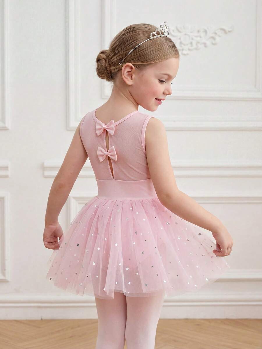SHEIN Áo liền quần múa ba lê thanh lịch và dễ thương cho bé gái, chất liệu lưới bóng phù hợp cho tập luyện và thi đấu, váy tutu thiết kế nơ xinh xắn khoét lưng, trang phục thể thao.
