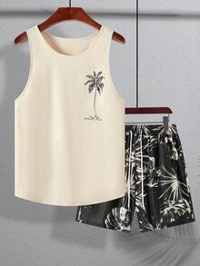 Genlund Men's Palm Tree Print Vest And Shorts Casual Suit, Vacation, Holiday - Multicolor - View 3