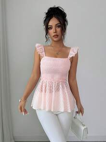 Elenzga Women's Pink Square Neck Ruffle Sleeve Peplum Tank Top, Textured Smocked Waist Sweet Crop Blouse - Pink - View 7