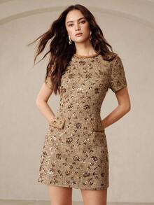 Aveloria Rosie Đầm ngắn nữ màu be phối nhiều chất liệu, thêu hoa dày đặc, cổ tròn, eo thắt, tay ngắn, thiết kế túi giả, phối nhiều mảng vải, viền bện, kiểu dáng thanh lịch, lãng mạn, cổ điển Pháp, thích hợp cho tiệc tùng, đi làm, dạ hội, tốt nghiệp, đám cưới, và các dịp lễ hội. - Màu Khaki - Xem 3