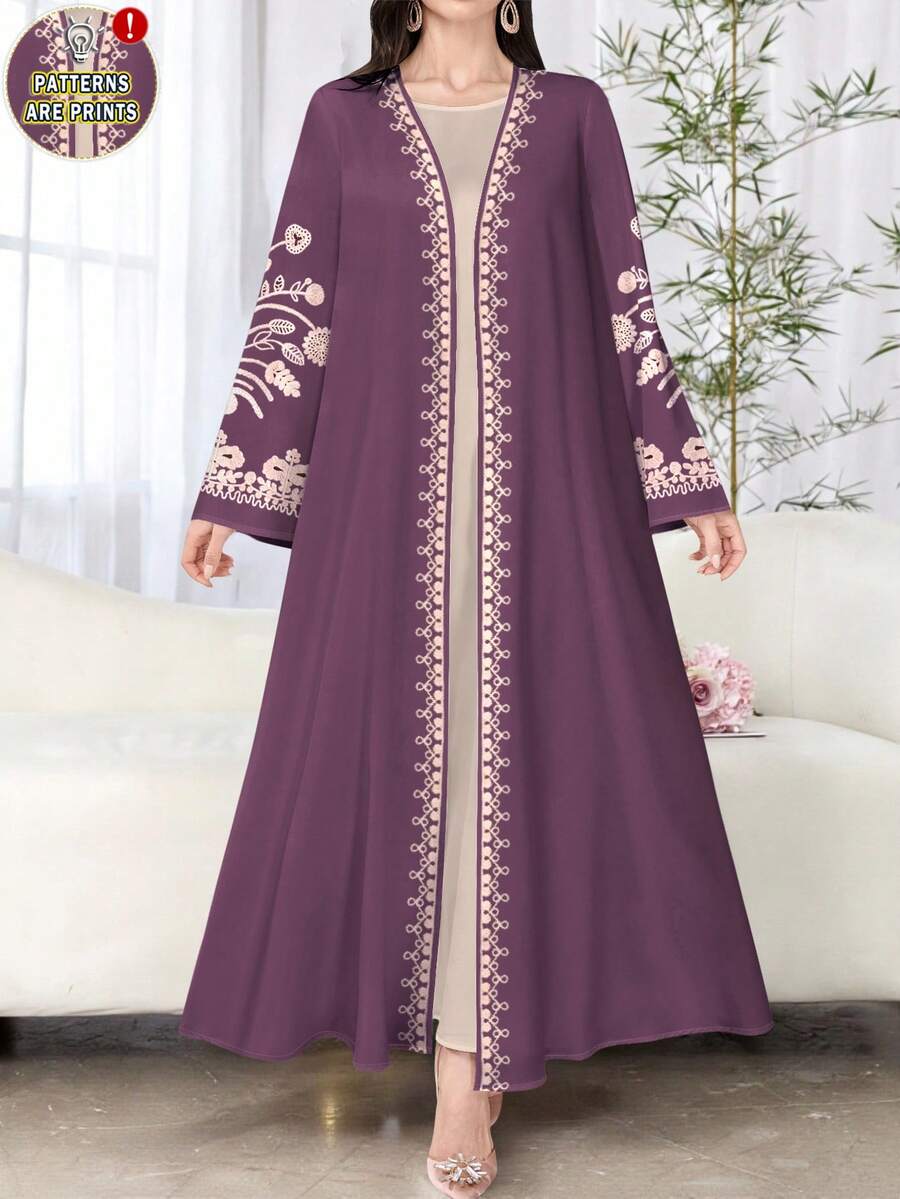 SHEIN Najma 女士花卉印花优雅长袖开衫，轻薄款阿巴雅式长袍，春秋季 - 彩色 - 查看 1