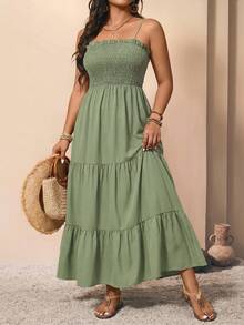 Breezaya Plus Size Women Solid Color Frill Trim Spaghetti Strap Dress, Vacation - Green - View 4