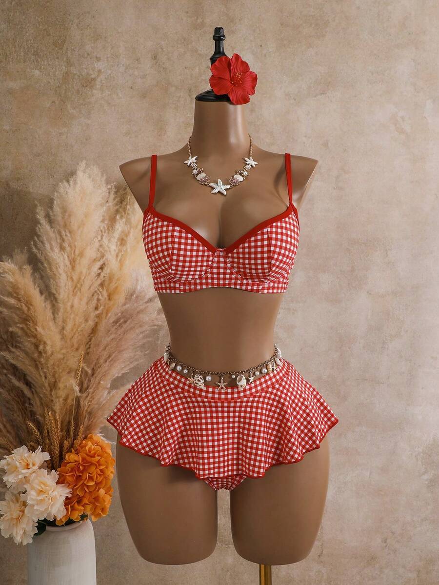 Bellisia Bộ đồ bơi tankini 2 mảnh mùa hè dành cho nữ, họa tiết kẻ caro, có gọng, màu be. - Đỏ - Xem 1