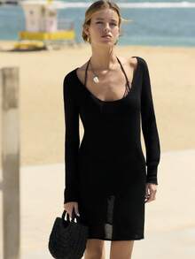 Nöista Dieses schwarze gestrickte Langarmkleid hat eine halbtransparente Textur für den Strandbereich, mit Rundhalsausschnitt und Länge bis zur Mitte des Oberschenkels. Perfekt für den Strandbereich, Sommer, Pool-Party, Abendausgang, Tragen mit Bikini darunter, Sommerfestival, Boho-Stil, Damenmode. - Schwarz - Übersicht 1