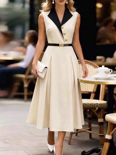 GlowEve Women's Irregular Color-Block Neckline Dress / Vacation Outfit / Summer Outfit / Commute Outfit / Elegant Outfit / Casual Dress
