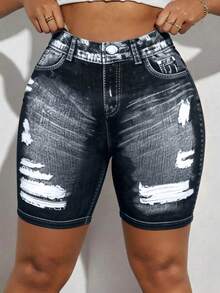 Maweii Plus Size Women Casual Pocketed Button Distressed Shorts, Versatile For Daily Wear - Multicolor - View 3