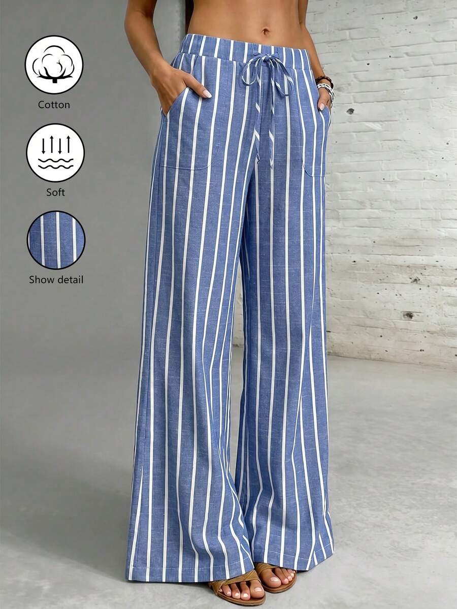 SHEIN Holidaya Quần maxi nữ kiểu Pháp thanh lịch, kẻ sọc, chất liệu cotton pha. - Màu xanh lam - Xem 1
