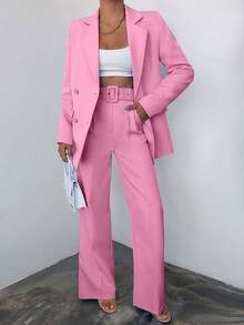 SHEIN Solid Color Double Breasted Suit Set With Lapel Collar - Dusty Pink - View 1