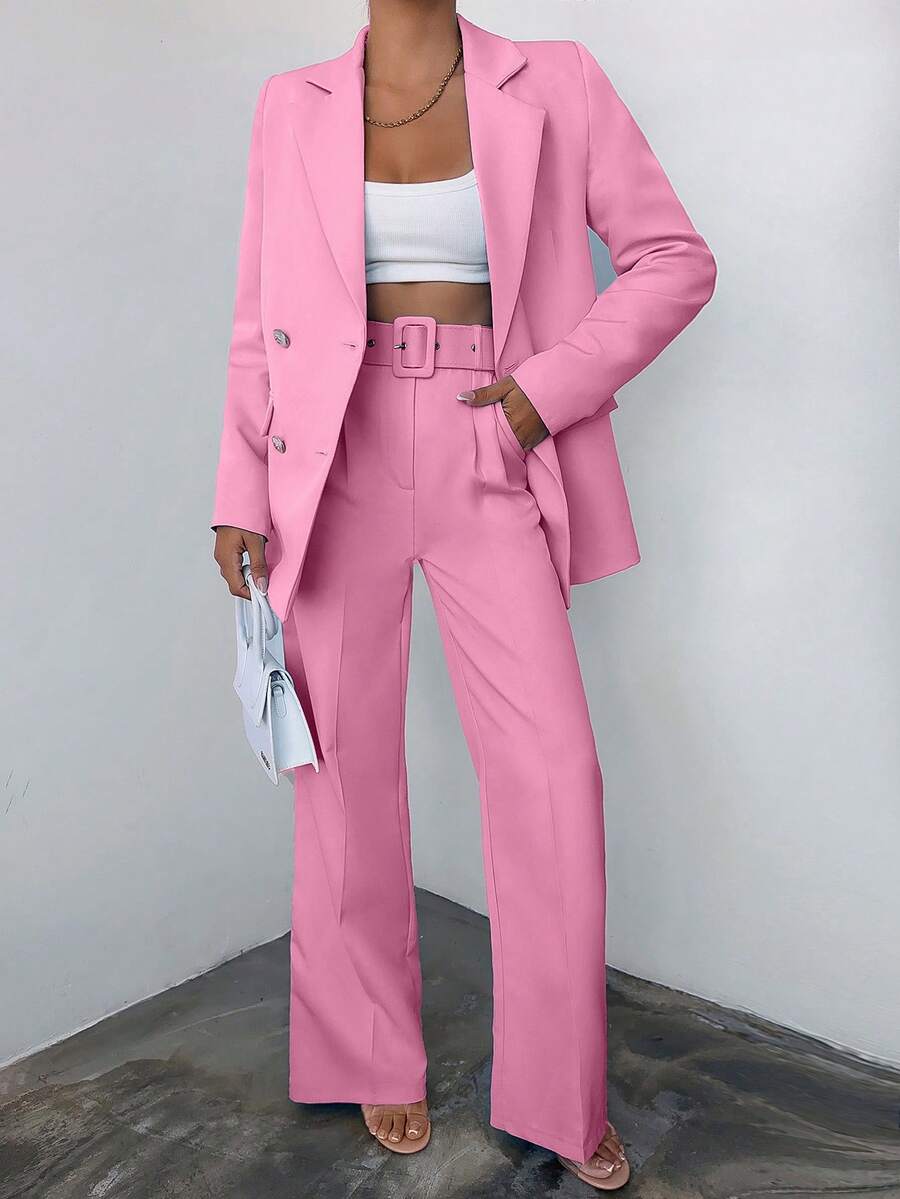 SHEIN Solid Color Double Breasted Suit Set With Lapel Collar - Dusty Pink - View 1
