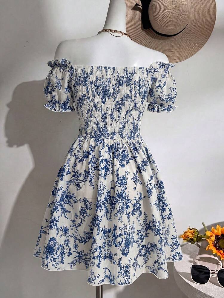 white off the shoulder dress with blue flowers Sorority Rush Dress | Endless Romance Off Shoulder Mini Dress