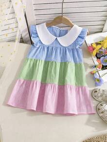 SHEIN Playful Pals 1件女嬰休閒條紋拼接短袖洋裝，適合外出、休閒、派對 - 彩色 - 查看 6