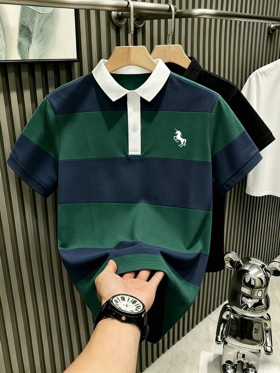 Resyla 男士条纹印花 Polo 衫，休闲商务通勤户外服饰 - 彩色 - 查看 1