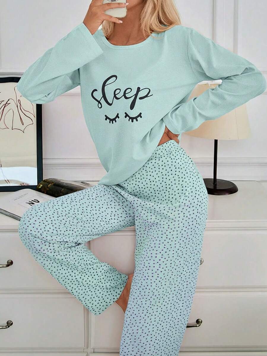 100% Cotton 2Pcs Eye&Heart Printed PJ Set - Mint Green - View 1