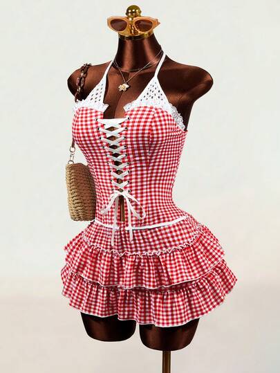 Mistrie 2026 Spring Women's New Sexy Contrasting Color Collarless Bralette With Lace Edging, Red And White Checkered Shirt, Front Chest Tie Design Touch, Back Open Back, Fashionable And Sexy, YK2 Cool Girl, Young Style, Suitable For Beach Vacation, Daily Party, Graduation Season, Various Holiday Outfits, Instyle Popular Influencer Style