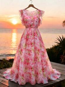 SHEIN LUNE CURVE Đầm nữ cỡ lớn kiểu Pháp lãng mạn họa tiết hoa tay bồng thanh lịch thường ngày cho kỳ nghỉ - Hồng - Xem 5