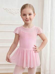 SHEIN Bộ đồ múa ba lê hai mảnh màu hồng phối lưới dành cho bé gái, bao gồm áo liền quần và váy co giãn thân thiện với da, trang phục tập luyện ngoài trời bằng vải dệt kim, đồ thể thao thoải mái. - Hồng - Xem 3