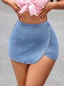 SHEIN Tall 女款時尚百搭不對稱下擺牛仔短裙褲，適合高個女性 - 淺色水洗藍 - 查看 3