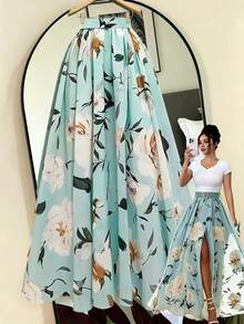 SHEIN Franclia Mint Green Floral Print High Waist Slit Maxi Skirt - Green - View 3