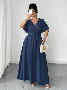 SHEIN LUNE CURVE 大码女士优雅度假休闲新款V领宽松袖连衣裙 - 藍色 - 查看 5