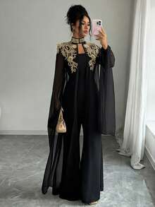 Elenzga Women's Gold Lace Trim Jumpsuit 2 Pieces Set - Black - View 8
