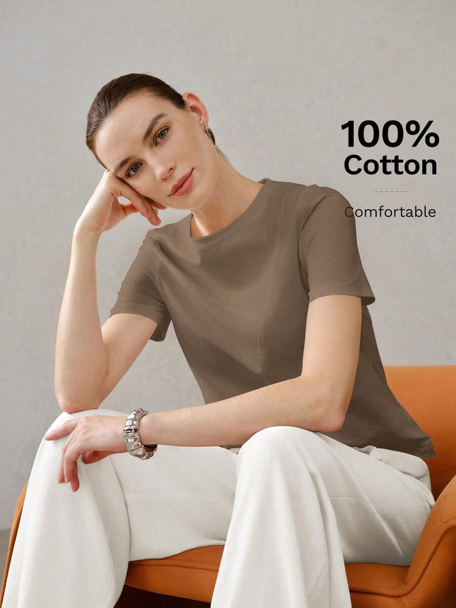 MOTF PREMIUM WOMEN'S SUMMER SOLID COLOR ASYMMETRIC SPLIT DESIGN ALL-MATCH VERSATILE ROUND NECK SHORT SLEEVE T-SHIRT - Coffee Brown - View 1