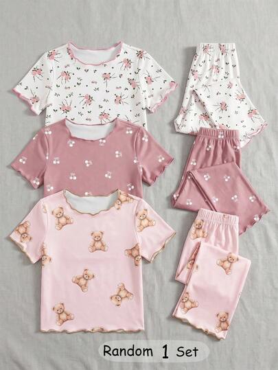 SHEIN Playful Pals [3 Sets Random, 1 Set Sent] Baby Girls Pajamas, Sweet Cherry, Teddy Bear, Ditsy Floral Combination, Ruffle Trim Round Neck Short Sleeve Top And Long Pants 2 Piece Homewear Set, Spring/Summer/All Season