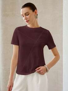 MOTF PREMIUM WOMEN'S SUMMER SOLID COLOR ALL-MATCH VERSATILE ROUND NECK SHORT SLEEVE T-SHIRT - Burgundy - View 3
