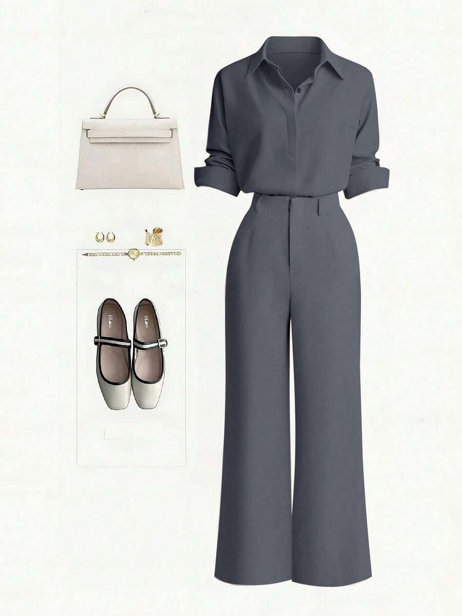 Zovinel New Button-Up Solid Color Shirt And Straight Leg Casual Pants Set - Grey - View 1