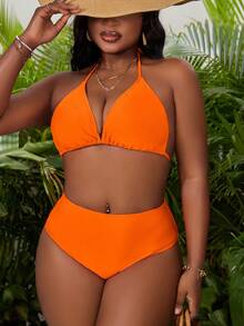 Slaydiva Bộ bikini hai mảnh buộc cổ màu trơn gợi cảm dành cho nữ cỡ lớn, gồm bikini và quần lót tam giác. - Màu Cam cháy - Xem 7