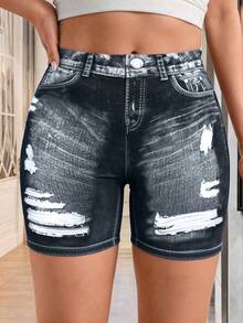 Maweii Plus Size Women Casual Pocketed Button Distressed Shorts, Versatile For Daily Wear - Multicolor - View 6