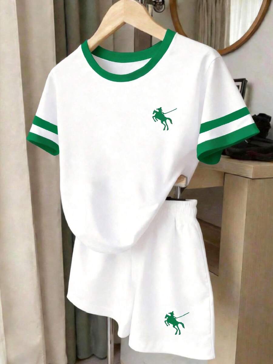 Bộ quần áo thường ngày phối màu xanh lá cây tương phản cho bé gái, áo phông và quần short, kiểu dáng cổ điển kẻ sọc, phù hợp cho mùa xuân, hè, thu, đông, hoạt động ngoài trời, mặc hàng ngày, đi nghỉ mát, đi học. - trắng - Xem 1