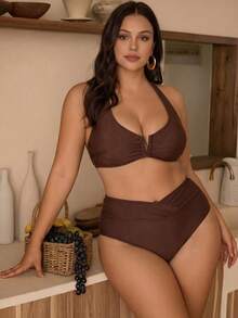 Swim Chiccia Plus Size 2026 Spring/Summer New Sexy Deep V-Neck Design Brown Solid Color Bikini Swimwear Set, Beach Outfit - Brown - View 3