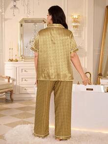 MuseNap CURVE Plus Size Faux Silk Geometric Print Lapel Short Sleeve Pajama Set - Yellow - View 2