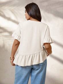 SHEIN LUNE Áo kiểu nữ cỡ lớn tay bồng dáng rộng bất đối xứng, trang phục mùa hè. - Màu Khaki - Xem 2