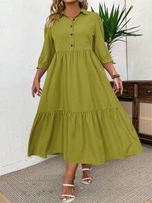 SHEIN LUNE Vestido casual simple con botones, manga media y fruncido en el frente, de unicolor y longitud media, para mujeres de talla grande, atuendo maxi para el Día de Acción de Gracias - Verde Oliva - Ver 5