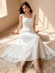 Anewsta Đầm dài trắng thanh lịch dành cho nữ, chất liệu vải dệt jacquard họa tiết hoa hồng trắng, cổ vuông, không tay, thích hợp cho mùa hè. - trắng - Xem 4