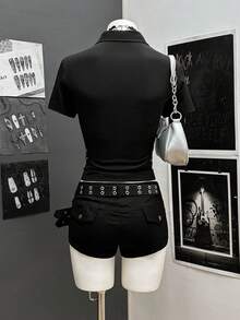 StreetHx Áo sơ mi ngắn tay ôm dáng phong cách Punk đường phố dành cho nữ - màu đen - Xem 2