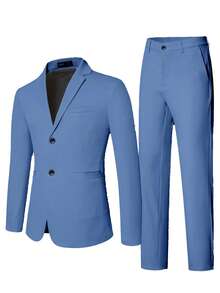 Manfinity Mode Men's Business Formal Solid Color Lapel Collar Suit Blazer And Pant Set For Ceremony - Dusty Blue - View 3