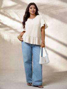 SHEIN LUNE Áo kiểu nữ cỡ lớn tay bồng dáng rộng bất đối xứng, trang phục mùa hè. - Màu Khaki - Xem 4
