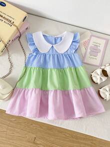 SHEIN Playful Pals 1件女嬰休閒條紋拼接短袖洋裝，適合外出、休閒、派對 - 彩色 - 查看 7
