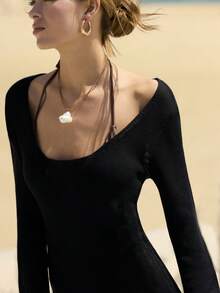 Nöista Dieses schwarze gestrickte Langarmkleid hat eine halbtransparente Textur für den Strandbereich, mit Rundhalsausschnitt und Länge bis zur Mitte des Oberschenkels. Perfekt für den Strandbereich, Sommer, Pool-Party, Abendausgang, Tragen mit Bikini darunter, Sommerfestival, Boho-Stil, Damenmode. - Schwarz - Übersicht 6