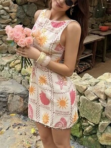 Lucivie 女款優雅休閒夏季無袖迷你洋裝,可愛粉色貝殼與橘色太陽印花圖案,圓領海灘度假洋裝,附流蘇飾邊,休閒優雅度假穿搭,適合海灘度假與派對 - 粉色 - 查看 12