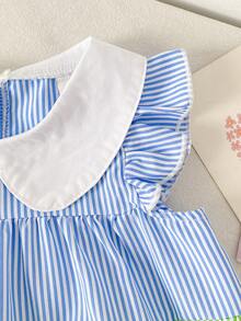 SHEIN Playful Pals 1件女嬰休閒條紋拼接短袖洋裝，適合外出、休閒、派對 - 彩色 - 查看 5