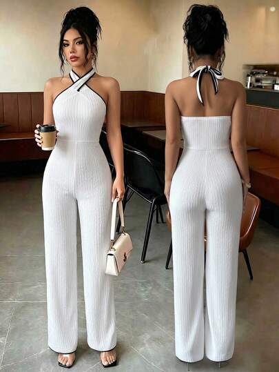 Elenzga Bộ jumpsuit nữ mùa hè phối màu đen trắng không tay, cổ yếm chéo, thanh lịch, thoải mái, thích hợp đi làm, hoạt động ngoài trời và du lịch.