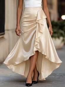 Balvessa Solid Color Ruffle Asymmetric Hem Elegant Skirt, Spring/Summer - Navy Blue - View 3