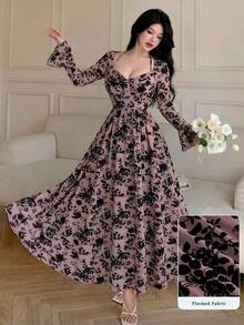 Modelyn Vestido de mujer con mangas acampanadas, cintura ceñida, estampado floral retro francés elegante de loto rosa en malla abotonada - Rosa vieja - Ver 8