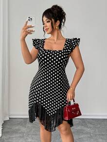 SHEIN Clasi Summer Casual 1920s 1950s Vintage 70's Vacation French Retro Elegant Black Polka Dot Contrast Lace Loose Cap Sleeve Dress Evening Party Wedding Guest - Black - View 5